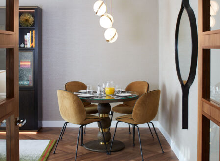 A one-bedroom apartment dining table with space for four