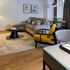 A luxury one-bedroom apartment living area