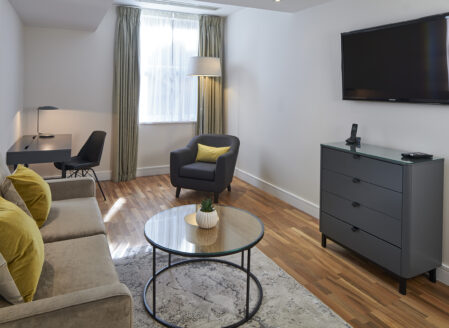 The living area in an open plan luxury apartment