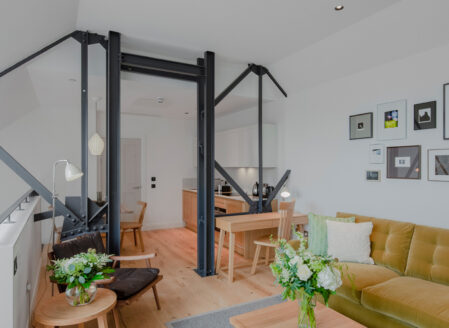 The upper mezzanine of a one-bedroom penthouse