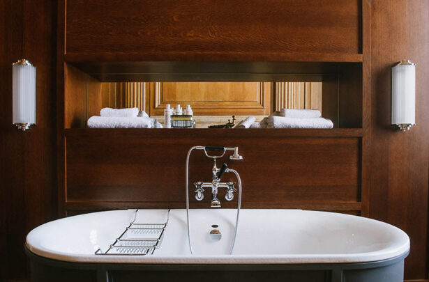 The luxurious free-standing bathtub in the bedroom