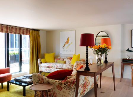 The reception area in a two-bedroom penthouse at 15 Cheval Place