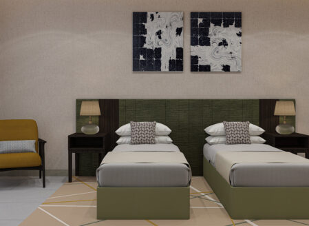 Second bedroom with en suite shower room and twin beds (can be arranged as one double bed)