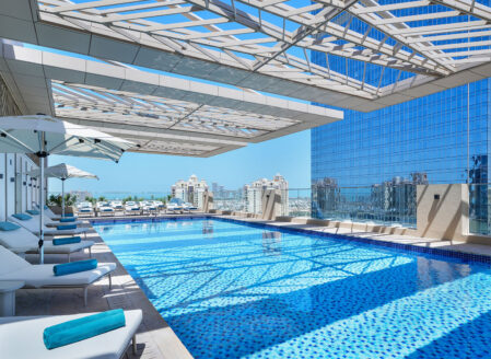 The rooftop pool with views over the Palm Jumeirah