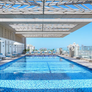 The rooftop pool with views over The Palm Jumeirah