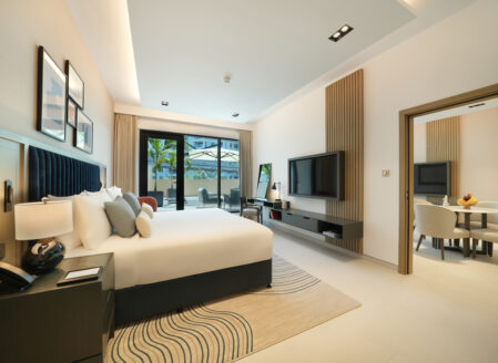 The master bedroom features a super king-size bed