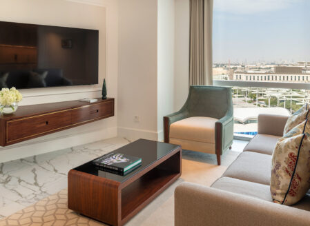 A light and spacious living area, with views looking out on to Expo City