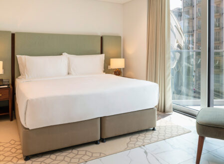 The master bedroom with views of the Al Wasl Dome